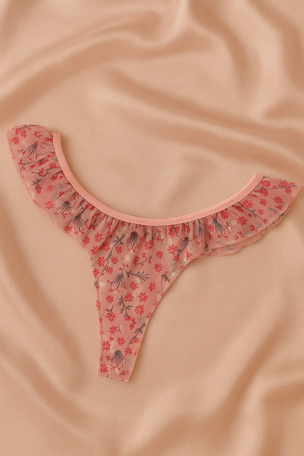 Pudra Çiçek Desenli Fırfırlı Tül Sütyen Külot Takımı