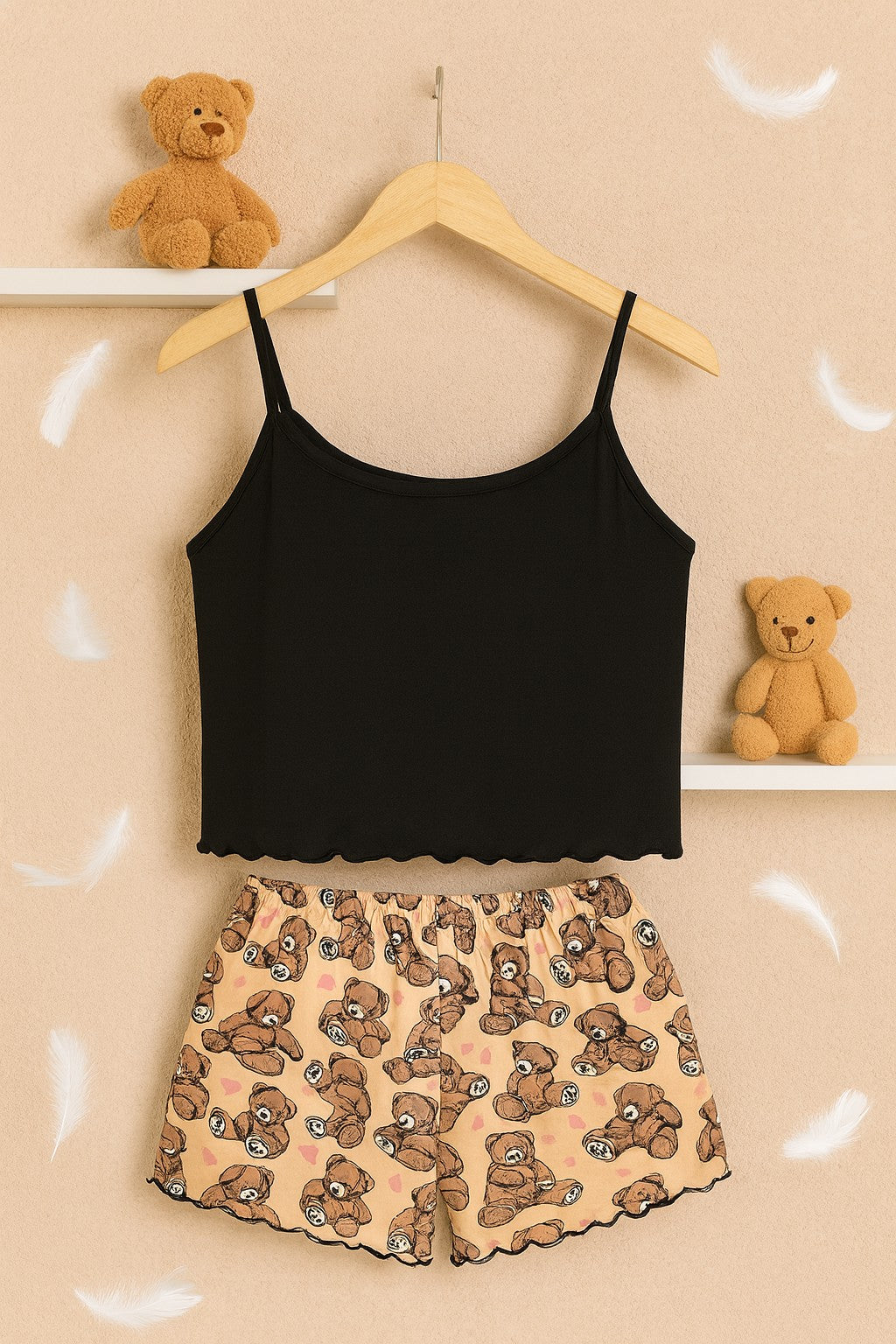 Ayıcık Baskılı Askılı Renkli Şortlu Kadın Pijama Seti