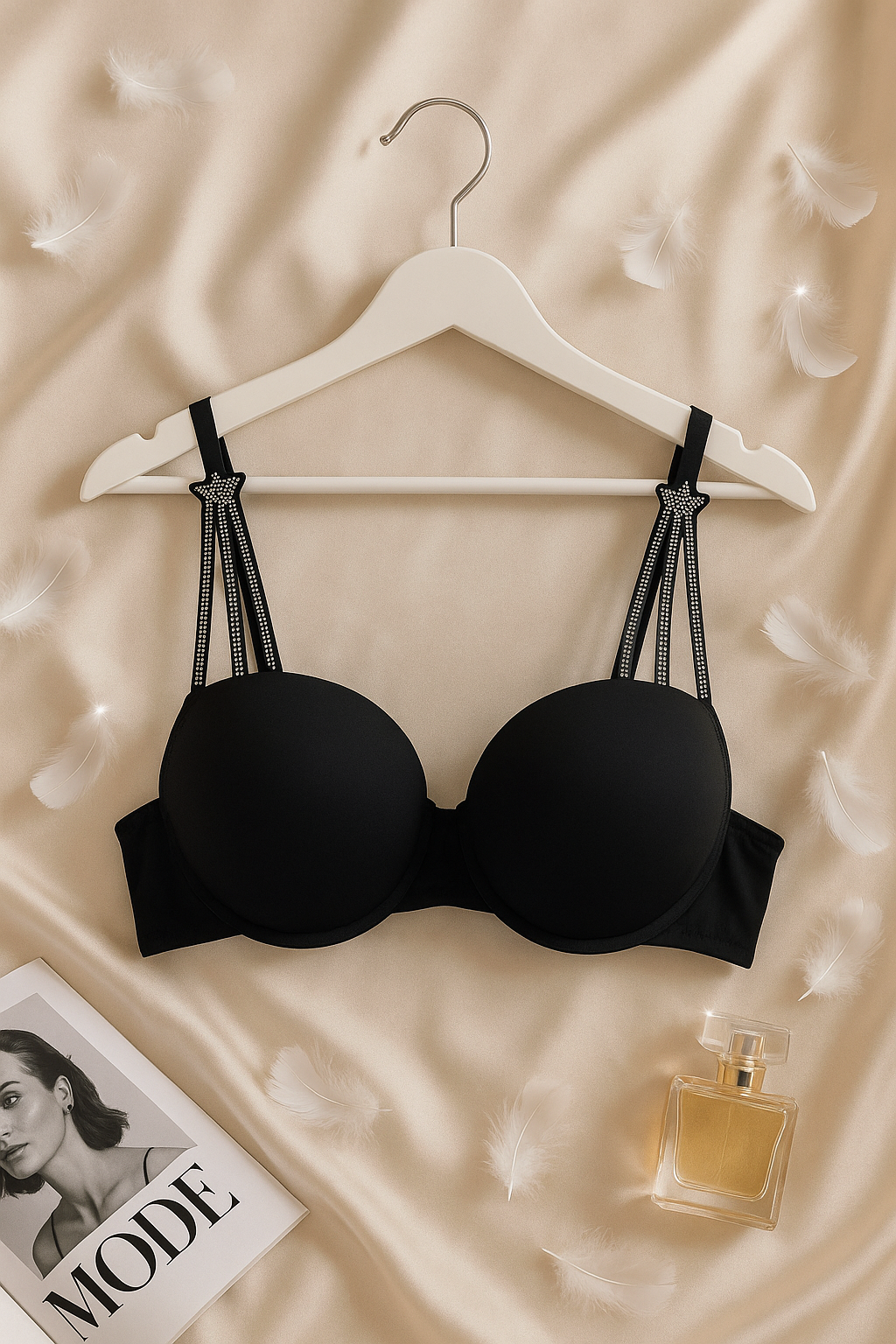 Taş Detaylı Sİyah Push Up Sütyen Takımı