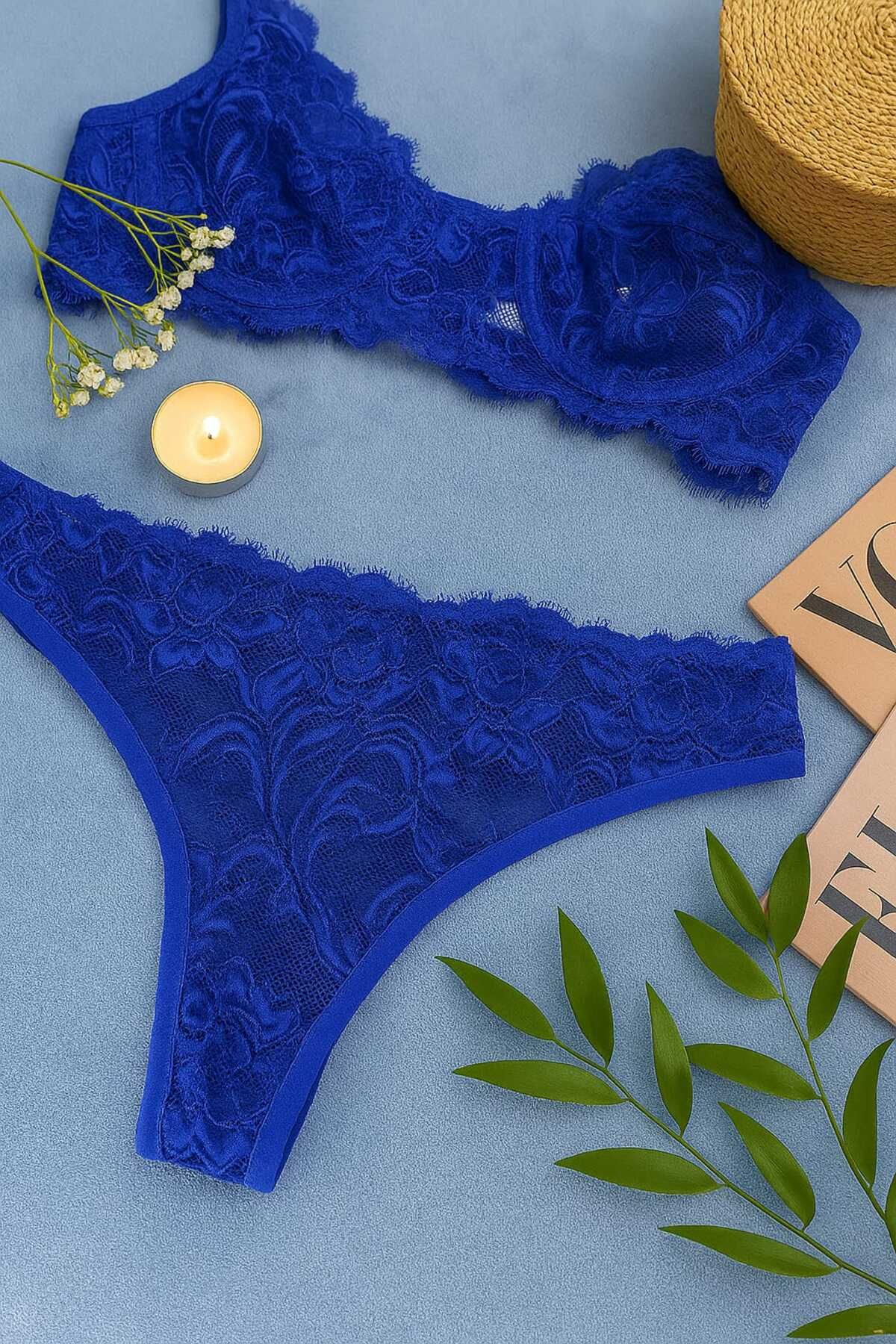 Zarif Mavi Dantelli Transparan Sütyen ve Tanga Takımı
