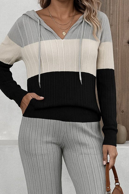 Kadın Uzun Kollu Kapşonlu Bağcıklı Blok Renkli şardonlu Kaşkorse Bluz Ve Pantolon Ikili Takım