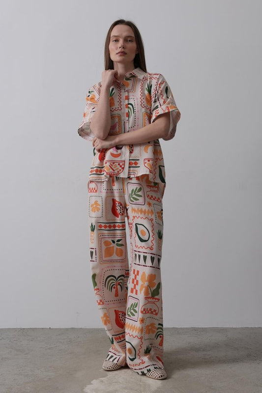 Baskılı Kısa Kol Pantolon Takım - Taş-Oranj