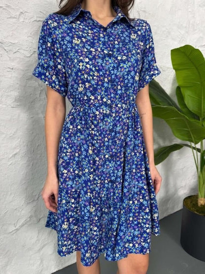 Baskılı Keten Elbise - Lacivert-Beyaz