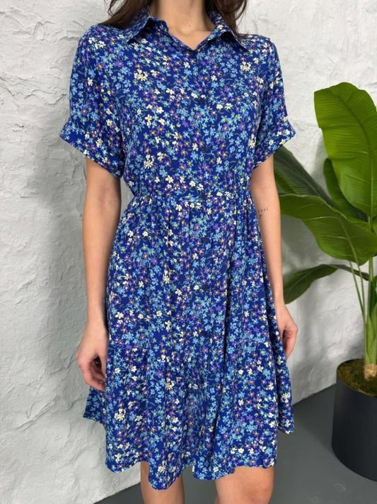 Baskılı Keten Elbise - Lacivert-Beyaz