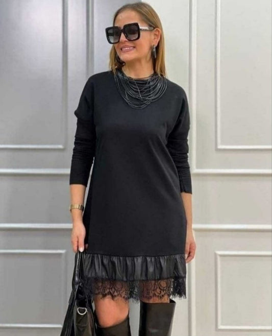 Kadın Uzun Kollu Bisiklet Yaka Etek Ucu Deri Dantelli Viskon Iki Iplik Midi Elbise