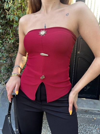 Kadın Ottoman Kumaş Düğme Detaylı Büstiyer Crop