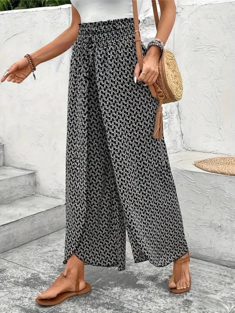 Kadın Yüksek Bel Lastikli önden Iki Parçalı Desenli Bürümcük Pantolon