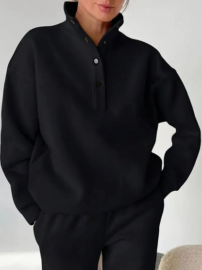 Kadın Uzun Kollu Balıkçı Dik Yakalı Düğmeli üç Iplik Bluz Ve Pantolon Ikili Takım