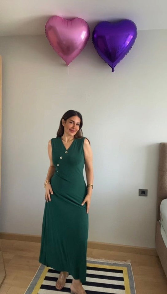 Kadın Kruvaze Yaka Düğme Detay Maxi Boy Elbise