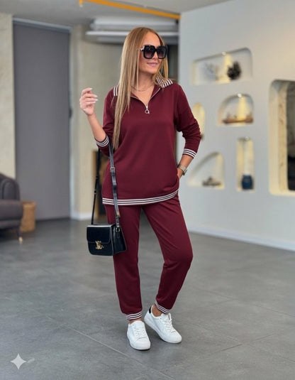 Kadın Uzun Kollu Fermuarlı şerit Detay Desenli Alt üst Ikili Viskon Iki Iplik Takım