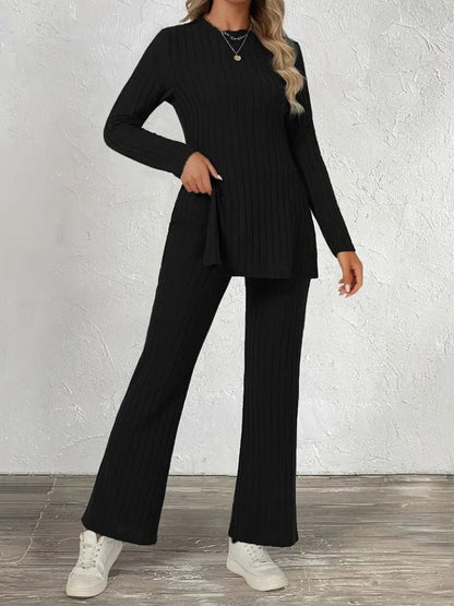 Kadın Uzun Kollu Bisiklet Yaka Yandan Yırtmaçlı şardonlu Kaşkorse Bluz Ve Pantolon Ikili Takım