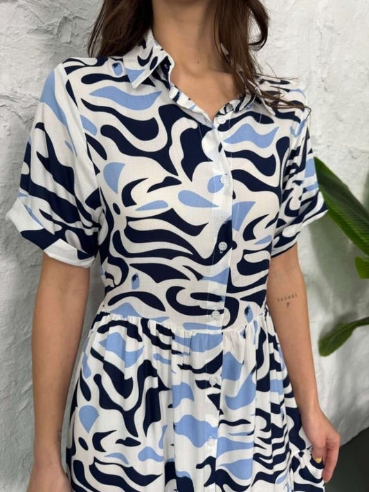 Baskılı Keten Elbise - Lacivert