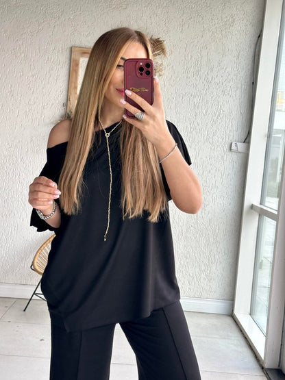 Kadın Tek Omuzdan Açık Geniş Kesim Viskon Iki Iplik Bluz Ve Pantolon Ikili Takım