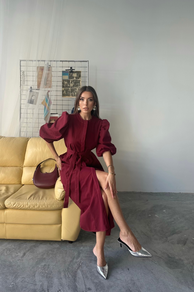 TENCEL KARPUZ KOL ELBİSE - Bordo