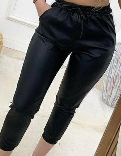 Kadın Yüksek Bel Lastikli Yan şerit Detaylı Deri Pantolon