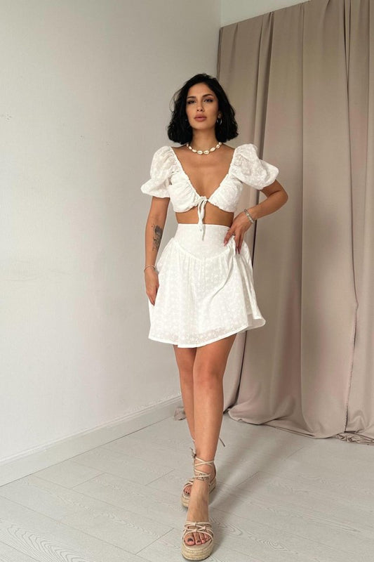 Ekru Brode Crop Ve Mini Etek Takım