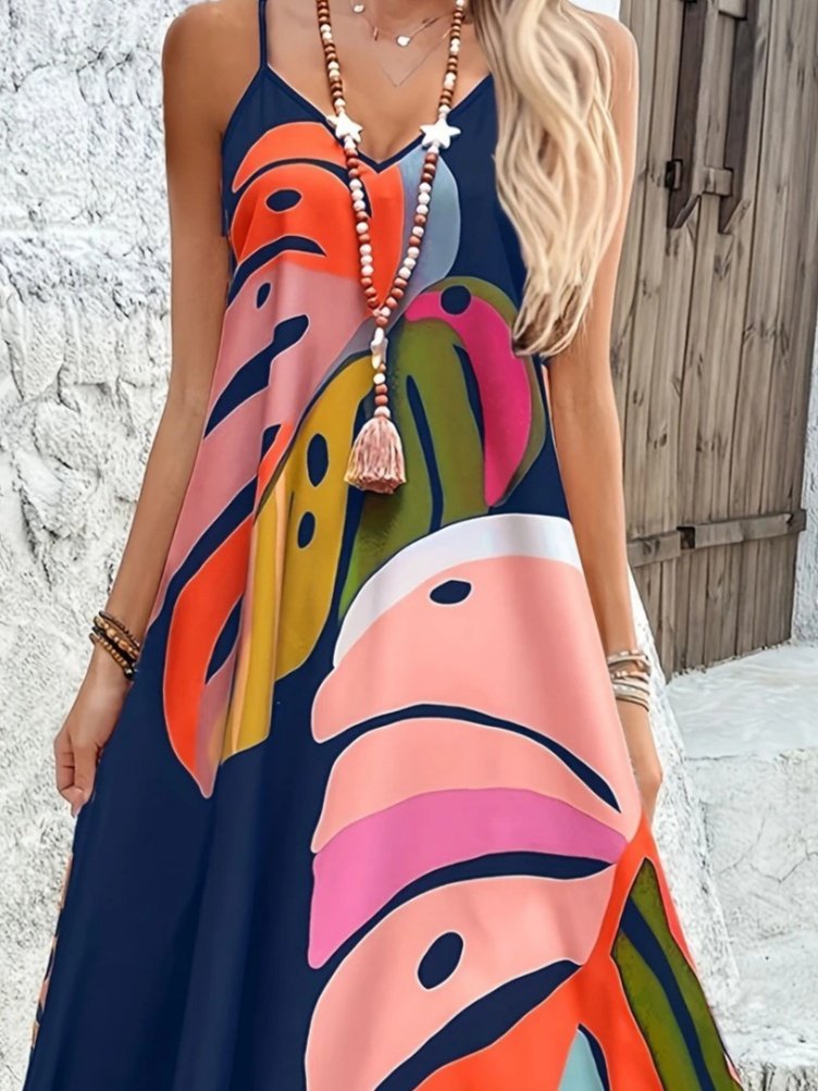 Kadın Ip Askılı V Yakalı Desenli Süprem Maxi Elbise