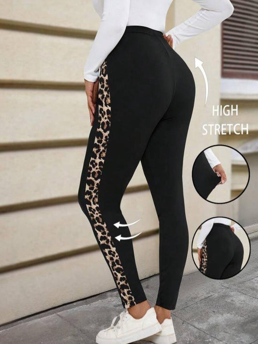 Kadın Yüksek Bel Yanları Leopar şerit Detay Dalgıç Tayt