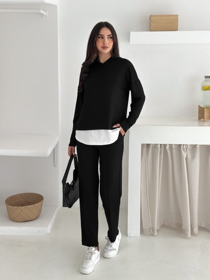 Kadın Kapşunlu Ve Atlet Detaylı Tunik Yüksek Bel Pantolunlu ıkılı Takım