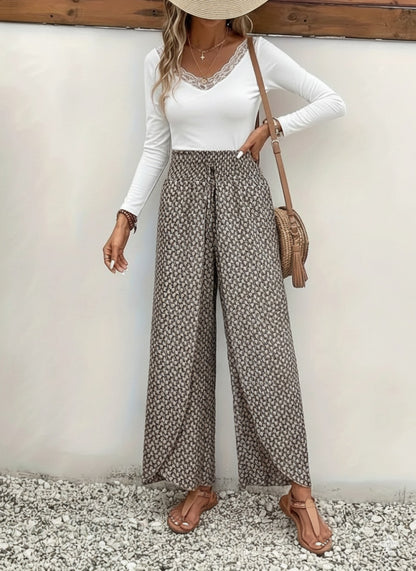 Kadın Yüksek Bel Lastikli önden Iki Parçalı Desenli Bürümcük Pantolon