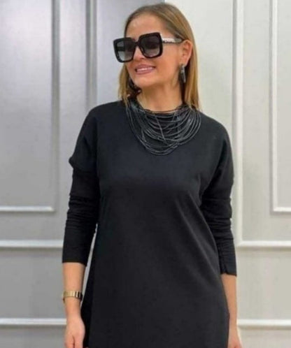 Kadın Uzun Kollu Bisiklet Yaka Etek Ucu Deri Dantelli Viskon Iki Iplik Midi Elbise