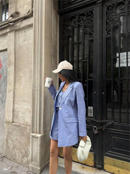 ÇİZGİLİ KETEN CEKET YELEK ŞORT TK - Mavi