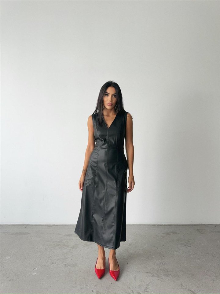 ASKILI DERİ ELBİSE ŞANEL BOY - Siyah