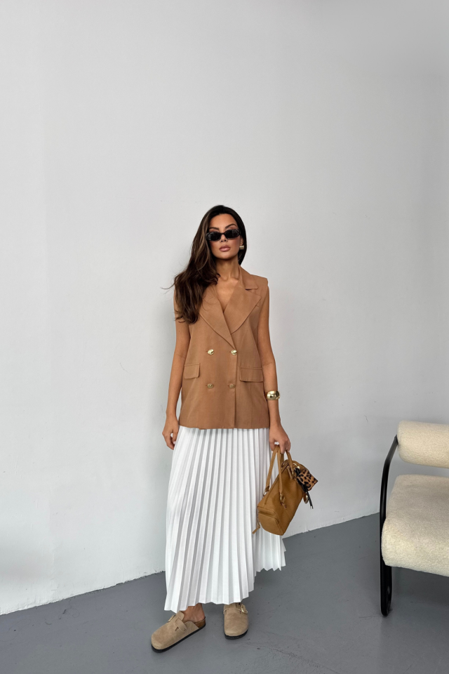 GOLD DÜĞMELİ KETEN YELEK - Kahverengi