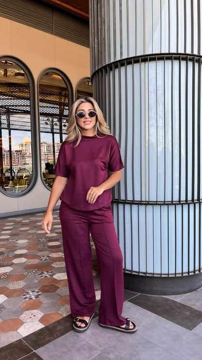 Kadın Kısa Kollu Bisiklet Yaka Omuzdan Düğmeli Viskon Iki Iplik Kısa Bluz Ve Pantolon Ikili Takım