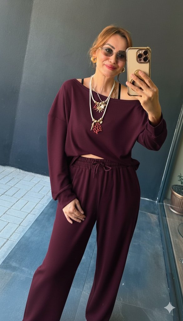 Kadın Uzun Kollu Tek Omuzdan Açık Viskon Iki Iplik Bluz Ve Pantolon Ikili Takım