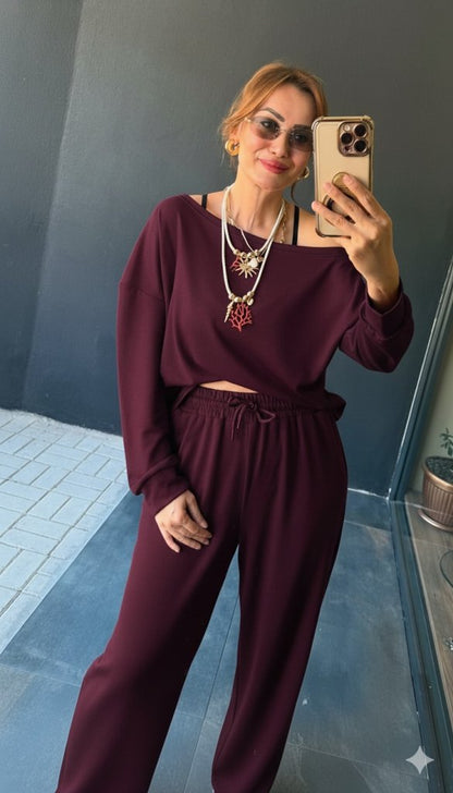 Kadın Uzun Kollu Tek Omuzdan Açık Viskon Iki Iplik Bluz Ve Pantolon Ikili Takım