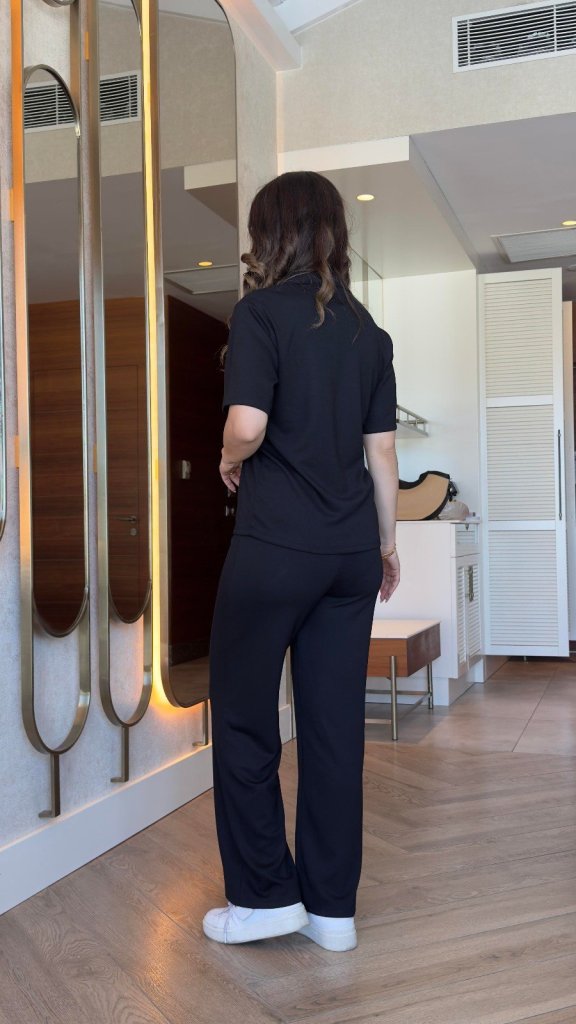 Kadın Kısa Kollu Yakalı Viskon Iki Iplik Bluz Ve Pantolon Ikili Takım