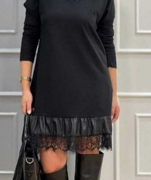 Kadın Uzun Kollu Bisiklet Yaka Etek Ucu Deri Dantelli Viskon Iki Iplik Midi Elbise