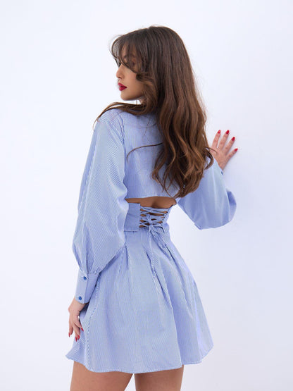 6558 ELBİSE-MAVİ BEYAZ ÇİZGİLİ