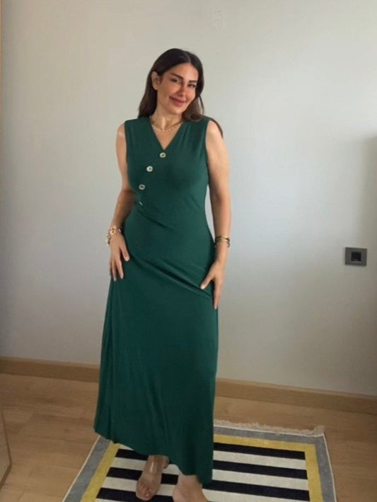 Kadın Kruvaze Yaka Düğme Detay Maxi Boy Elbise