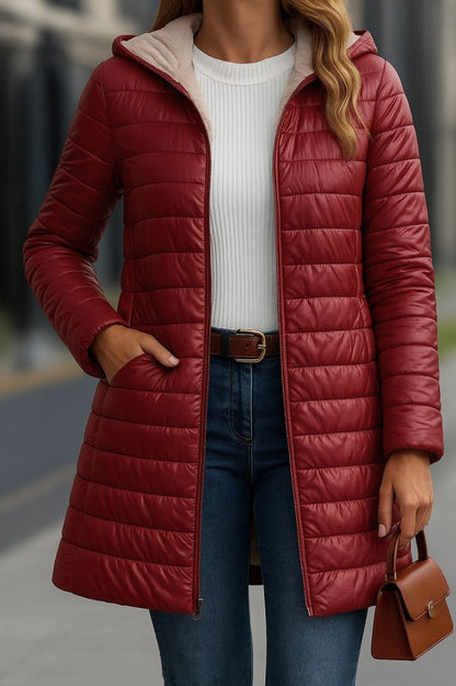 Kadın Uzun Kollu Kapşonlu Cep Detaylı Fermuarlı Orta Boy Mont