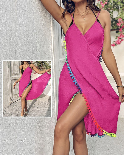 Kadın Askılı Derin V Yakalı çapraz Geçmeli Ponponlu Bürümcük Pareo