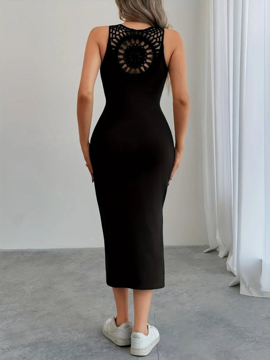 Kadın Askılı Yuvarlak Yakalı Yandan Yırtmaçlı Arkası Dantel Detaylı Viskon Elbise