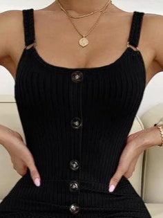 Kadın Sıfır Kol Askı Halka Detay önü Düğmeli Midi Boy Yırtmaçlı Fitilli Kaşkorse Elbise