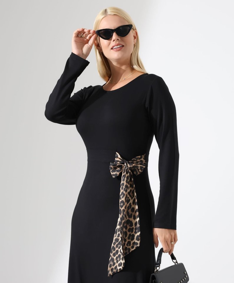 Kadın Bisiklet Yaka Leopar Fiyonk Detay Maxi Boy Elbise