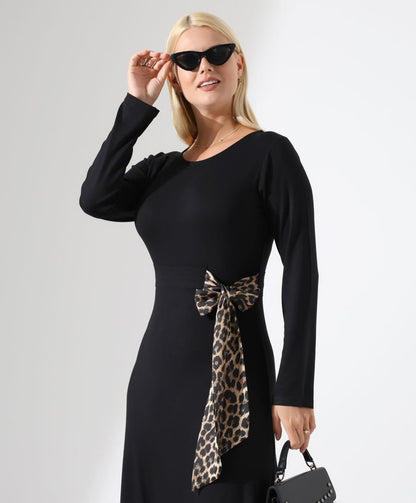 Kadın Bisiklet Yaka Leopar Fiyonk Detay Maxi Boy Elbise