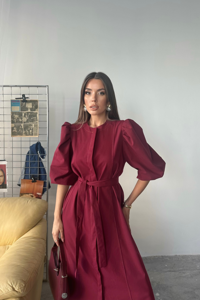 TENCEL KARPUZ KOL ELBİSE - Bordo