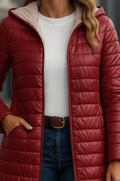 Kadın Uzun Kollu Kapşonlu Cep Detaylı Fermuarlı Orta Boy Mont