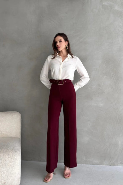 Kadın Yüksek Bel Krep Kumaş Full Likralı Ispanyol Paça Kemer Dahil Pantolon