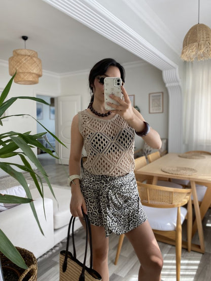 Kadın Askılı Yuvarlak Yaka Geometrik Desenli Triko Bluz