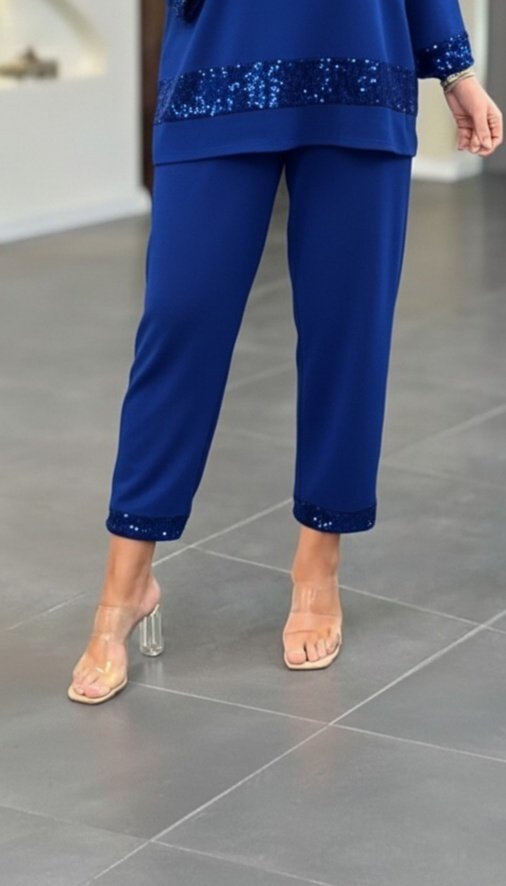 Kadın Uzun Kollu V Yakalı Pulpayet Viskon Iki Iplik Bluz Ve Pantolon Takım