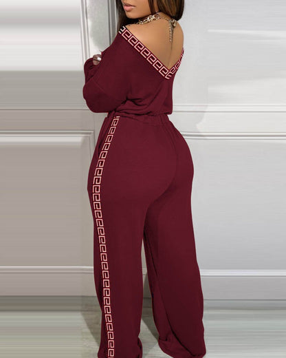 Kadın Uzun Kollu Omuzlardan Açık Beli Lastikli Cepli şerit Desenli Viskon Iki Iplik Tulum