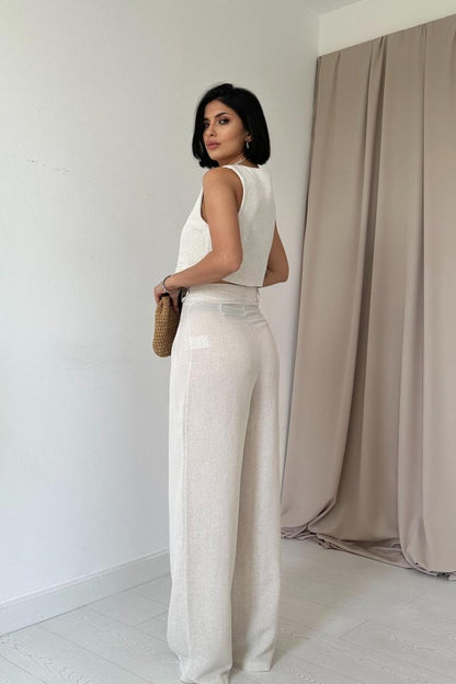 Bej Önü Düğmeli Yelek Ve Pantolon Takım