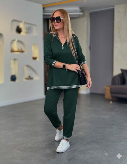 Kadın Uzun Kollu Fermuarlı şerit Detay Desenli Alt üst Ikili Viskon Iki Iplik Takım