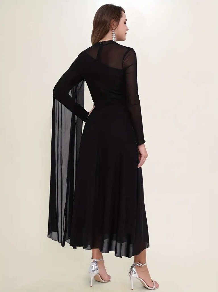 Kadın Uzun Kollu Yarı Balıkçı Yaka Tül Detaylı Uzun Sandy Elbise